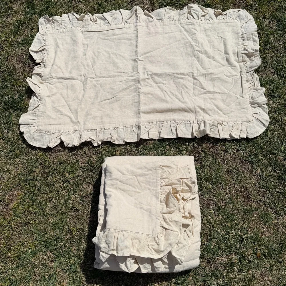 Simply Shabby Chic Ruffled Linen Blend King 3-Piece Duvet Cover Set Oatmeal NIP